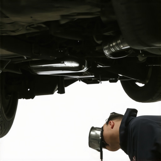 Mechanic checking the exhaust system beneath a car to identify issues causing rotten egg smell