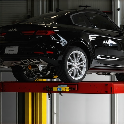 Mechanic inspecting suspension parts under a lifted car.