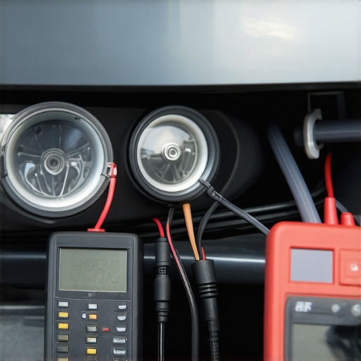 Technician examining car headlight wiring and testing voltage with multimeter under the hood