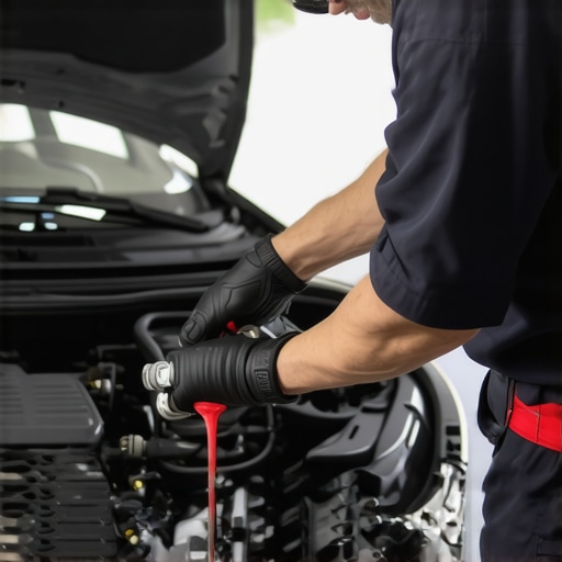 Mechanic checking power steering fluid in a car engine compartment.