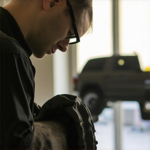 Auto mechanic examining steering parts during repair