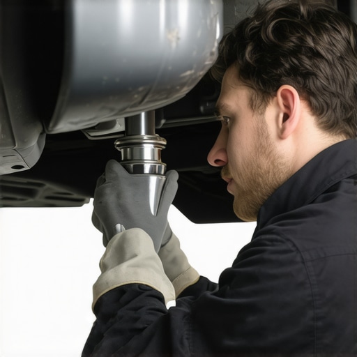 Close-up of a mechanic examining the suspension and strut mount of a vehicle during repair.