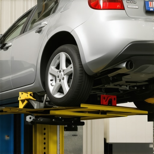 Mechanic inspecting heat shield under a lifted car