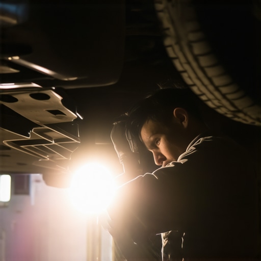 Mechanic examining car engine area for signs of oil or coolant leaks.