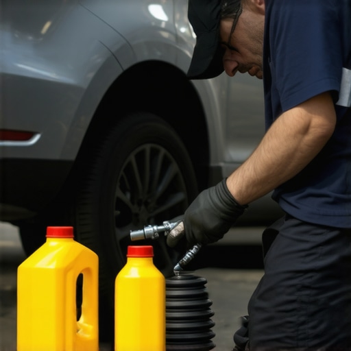 Car mechanic performing an oil change in a well-equipped garage