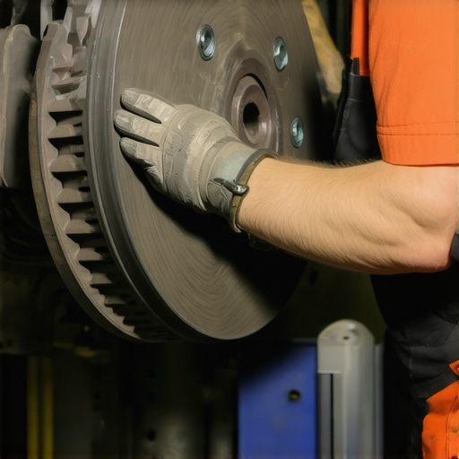 Mechanic examining brake pads and rotors with tools in a garage