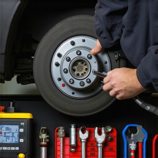 Automotive technician analyzing car brakes with diagnostic tools