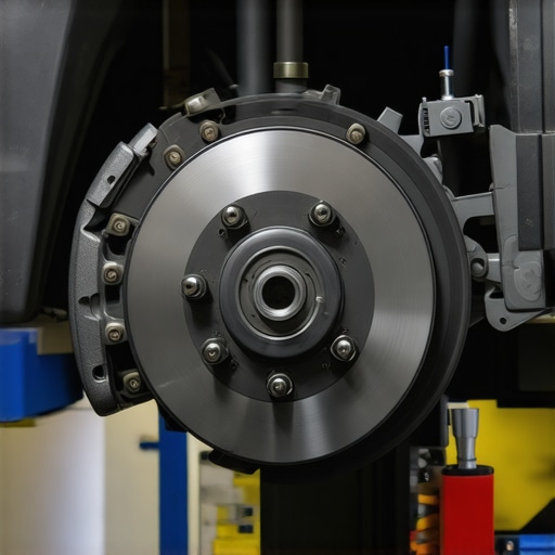 Mechanic inspecting brake system Close-up of a mechanic examining brake rotors and calipers in a repair shop.