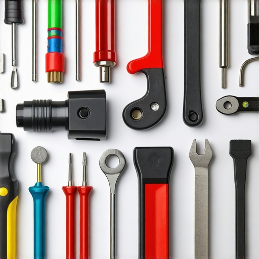 A well-arranged set of automotive diagnostic and hand tools in a workshop environment.