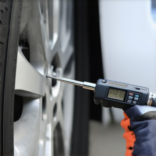 A hand using a digital torque wrench to tighten a car wheel lug nut