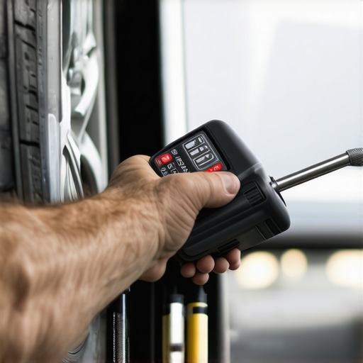 Mechanic adjusting wheel lug nut torque with a digital wrench during car service.