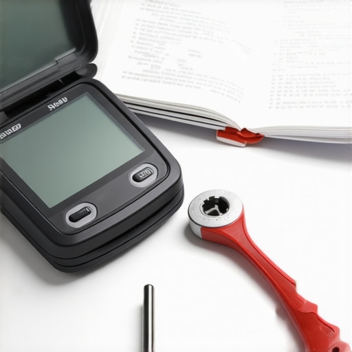 A mechanic's workspace featuring diagnostic tools, manual, and hand tools.