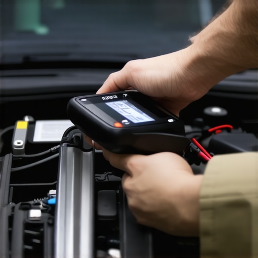 Professional mechanic diagnostics a vehicle with OBD-II scanner Mechanic using diagnostic scanner on car engine in auto repair shop