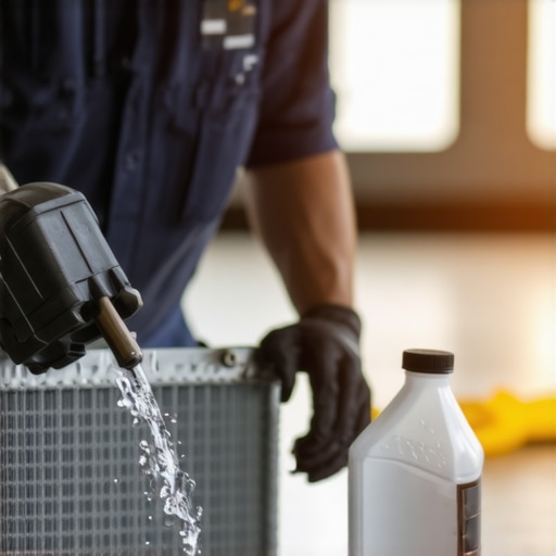 Technician flushing car radiator to remove clog