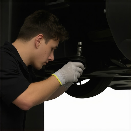 A mechanic using a flashlight to examine the suspension system of a car near the wheel.