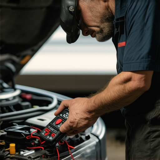 Mechanic measuring car battery voltage using a multimeter