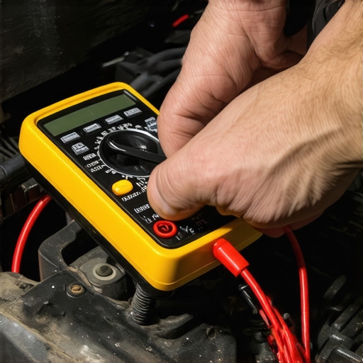 Mechanic using a multimeter to check ignition coil resistance in a car engine