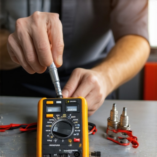 A mechanic testing car spark plugs using a multimeter in a garage environment.