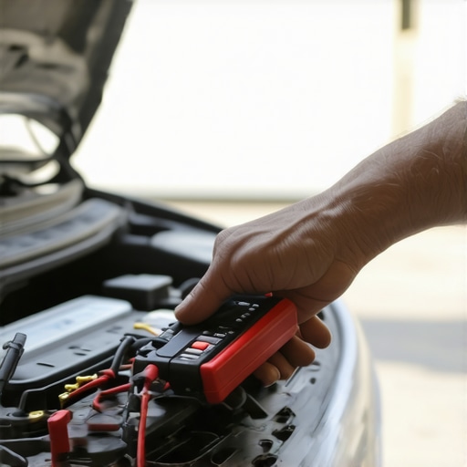 Person measuring car battery voltage using a multimeter in the engine bay.