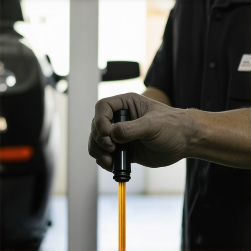 Mechanic inspecting transmission fluid in a car's engine bay