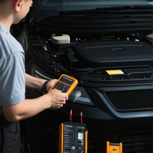 A mechanic measuring electrical signals with a multimeter and scanning vehicle diagnostics with an OBD-II scanner.