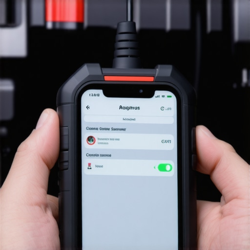 Using a Diagnostic Scanner for Vehicle Maintenance A mechanic's hand holding a smartphone displaying car diagnostic data alongside a Bluetooth OBD-II scanner connected to a vehicle