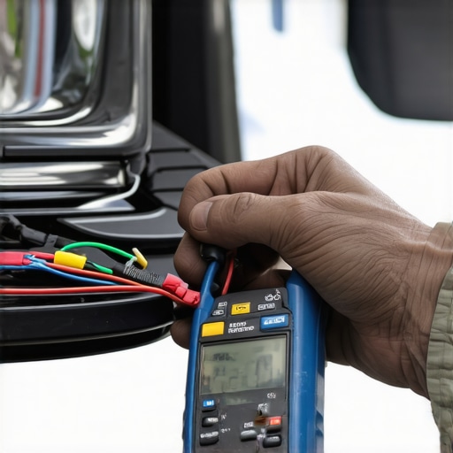 Using a Digital Multimeter for Car Diagnostics Person testing car electrical wiring with a digital multimeter in garage