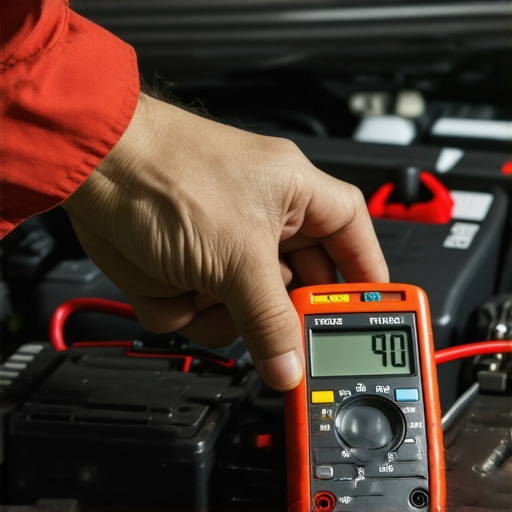 Mechanic testing car battery voltage with a multimeter