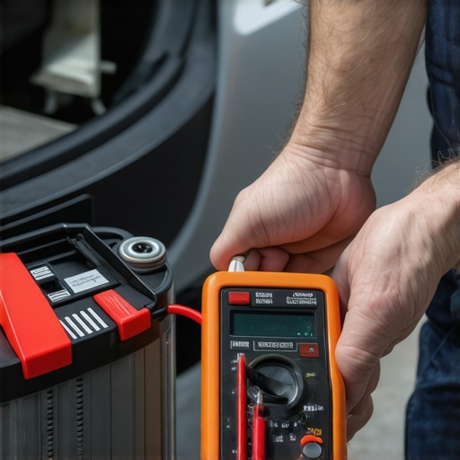 Using a Multimeter for Car Battery Testing Mechanic testing car battery voltage with a digital multimeter in a garage.