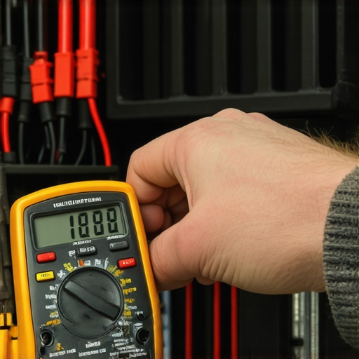 Person testing car battery voltage with a digital multimeter in a workshop.