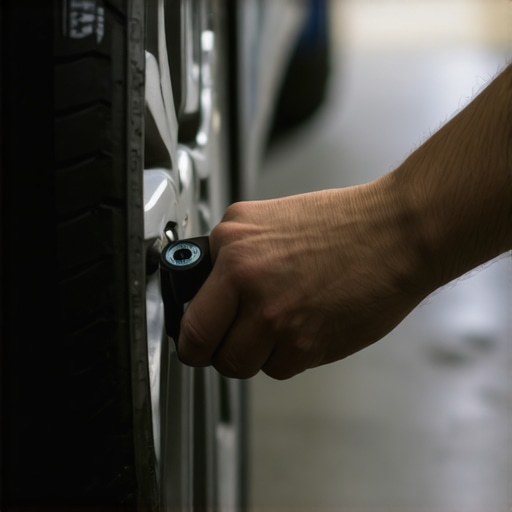 Person measuring tire pressure with a gauge on a car in garage
