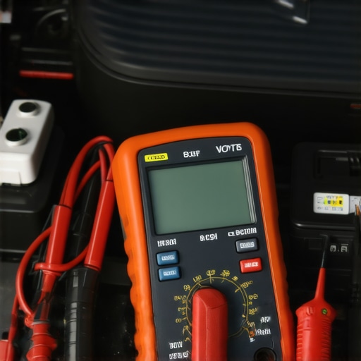A person testing car battery voltage with a digital multimeter in a workshop.