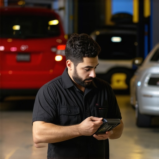 Using an Advanced OBD-II Scanner for Precise Diagnostics Mechanic connecting a high-tech OBD-II scanner to a car dashboard to perform diagnostic checks