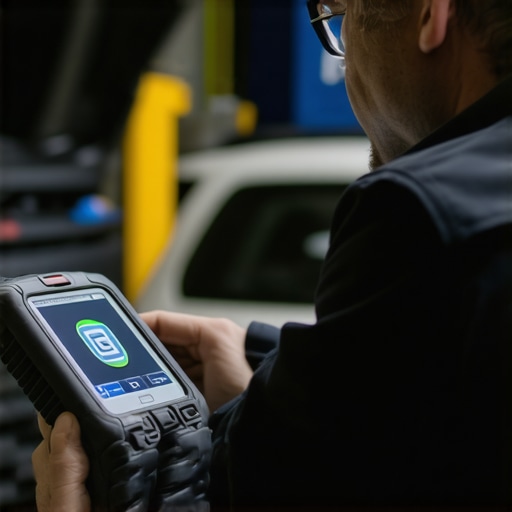 Mechanic inspecting a car with a portable diagnostic scanner in a garage.