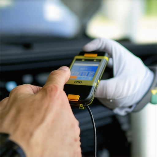 Mechanic connecting an OBD-II scanner to a car's diagnostic port under the dashboard
