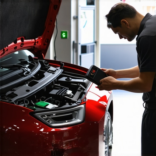 Using an advanced OBD-II scanner for vehicle diagnostics A mechanic connecting a Bluetooth diagnostic scanner to a car's onboard port in a professional garage environment.