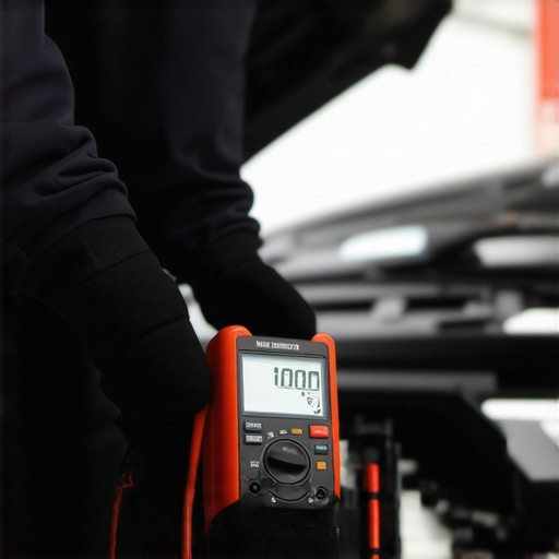 A technician testing a car battery to check for overcharging that causes a sulfur smell.