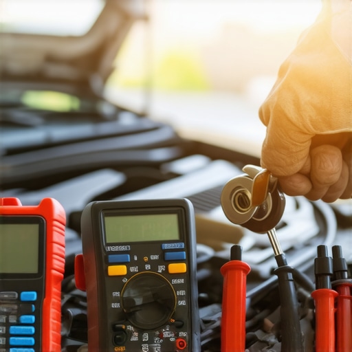 OBD2 scanner and multimeter on a car engine for diagnostic testing
