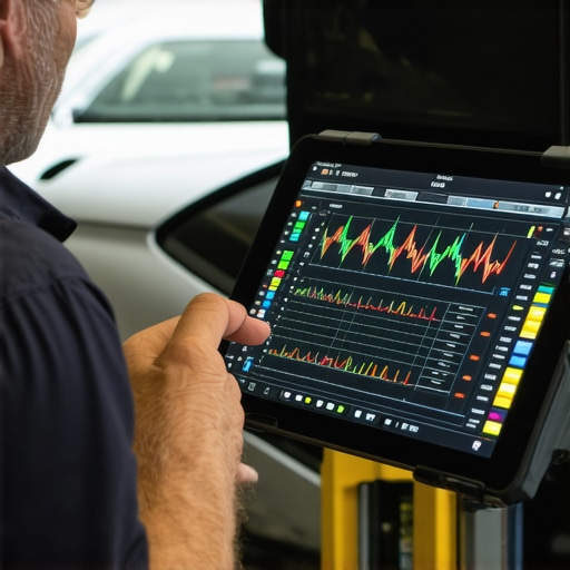Technician using a diagnostic scanner to check fuel trim and oxygen sensor data on a car