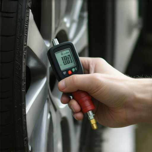 Mechanic checking tire pressure manually to diagnose TPMS light.