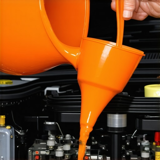 A close-up of a mechanic pouring orange coolant into a car radiator during a routine maintenance check.