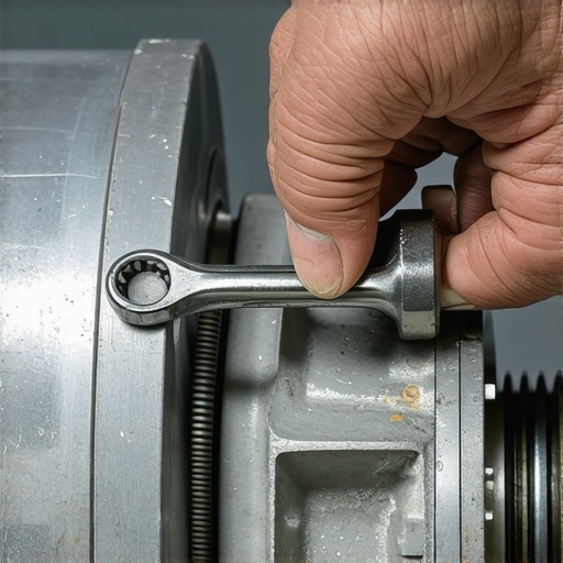 A close-up shot of a technician adjusting a steering gearbox to remove steering play.