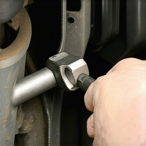 Adjusting the clutch pedal linkage for free play A hand using a wrench to adjust the clutch pushrod linkage under a vehicle dashboard to fix a high biting point.