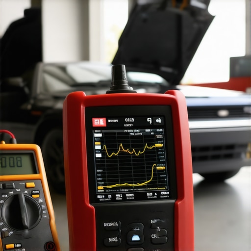 A bidirectional scan tool and digital multimeter used for car diagnostics in a garage setting.