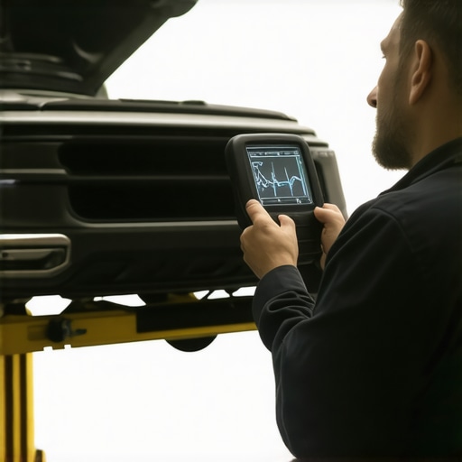 Advanced Automotive Diagnostics Technician using digital tools to diagnose engine and brake sensor issues.