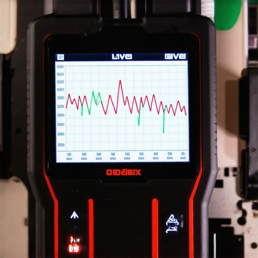 A mechanic using a bidirectional scan tool to view live engine data graphs for car diagnostics.