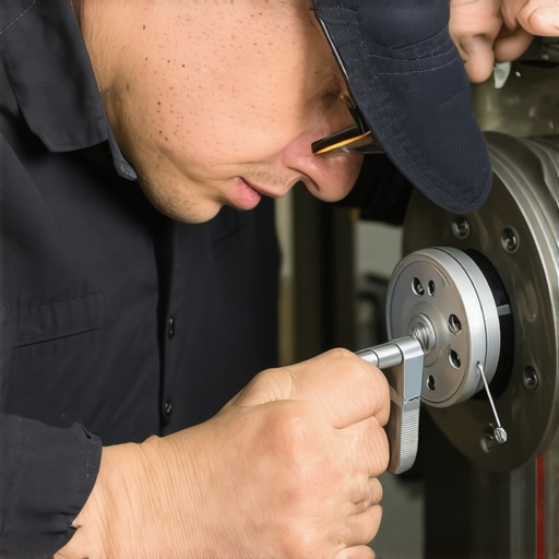 Advanced Brake System Inspection Close-up of a mechanic performing a precise measurement on a car's brake rotor and checking caliper pins.