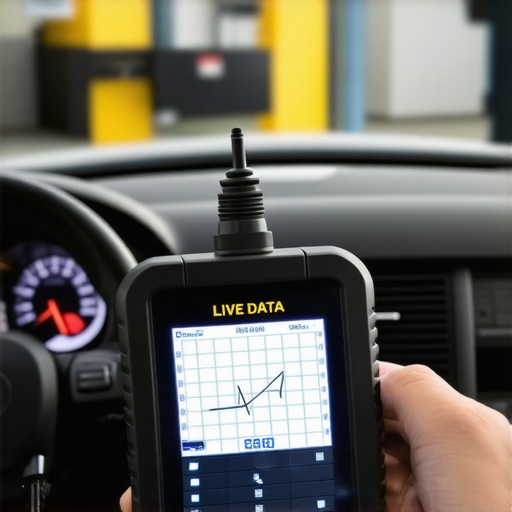 Close up of a mechanic using a bi-directional scan tool to check car engine health