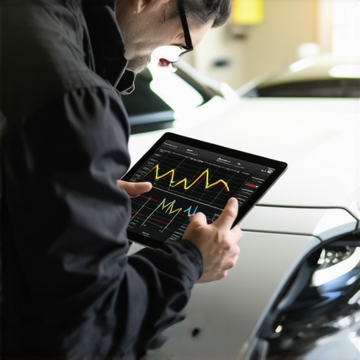 Technician using a digital scan tool for modern car tune-up