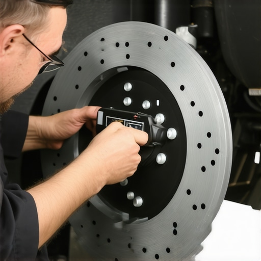 Mechanic measuring brake rotor thickness to diagnose scrubbing noises